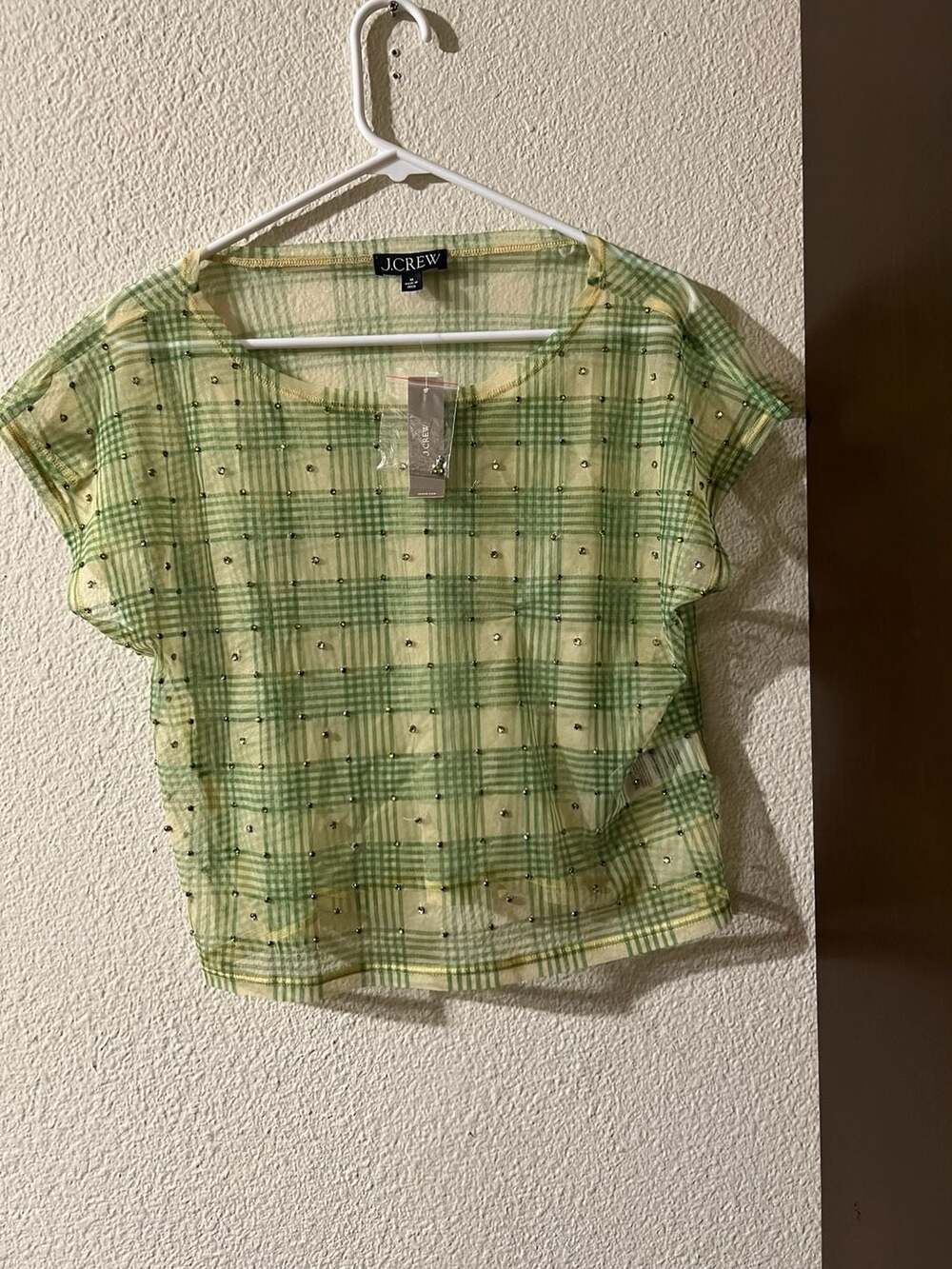 J. Crew Mesh Plaid Top Size M Green Yellow Beaded